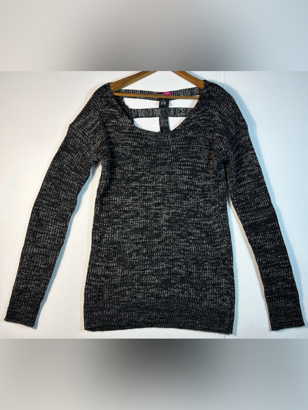 Say What? Women's XL Charcoal Knit Long Sleeve Sweater with Back Cutout